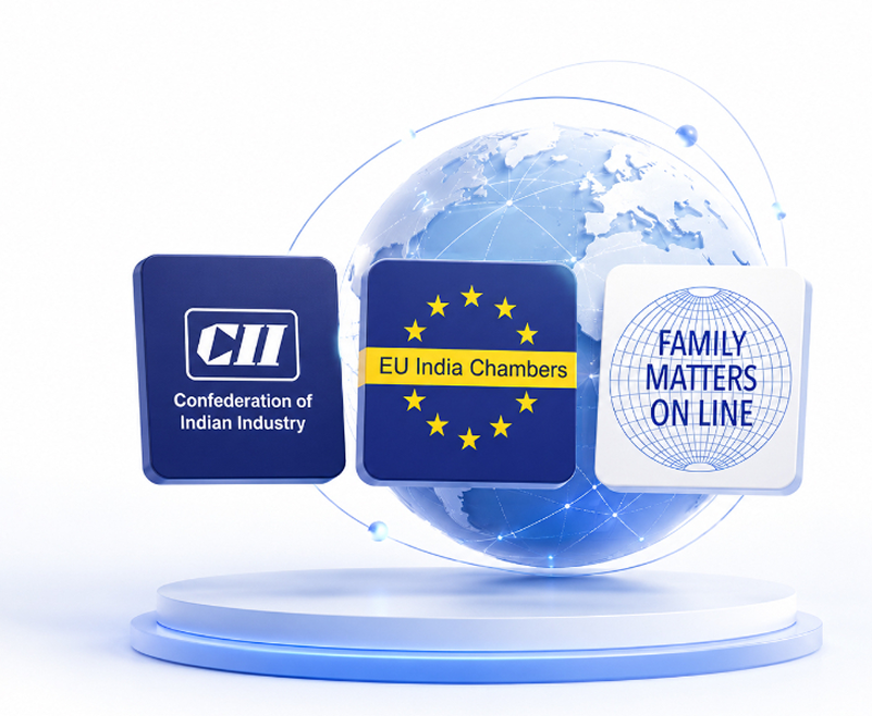 Our Associations logo cards featuring CII, EU India Chambers, and Family Matters Online set against a blue globe on a platform